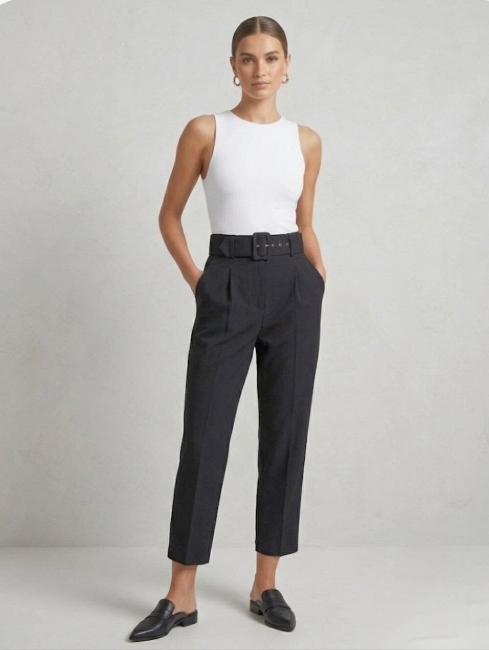ZARA High Waisted Minimulist Belted Corpcore Cropped Quiet Luxury Black Pants